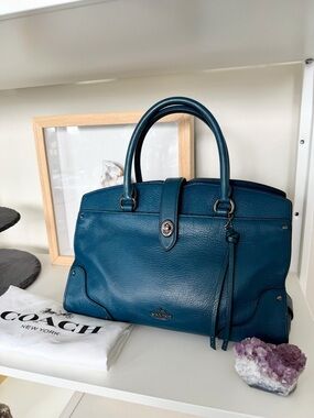 Coach Mercer 30 Pebbled Leather Satchel in Teal Blue